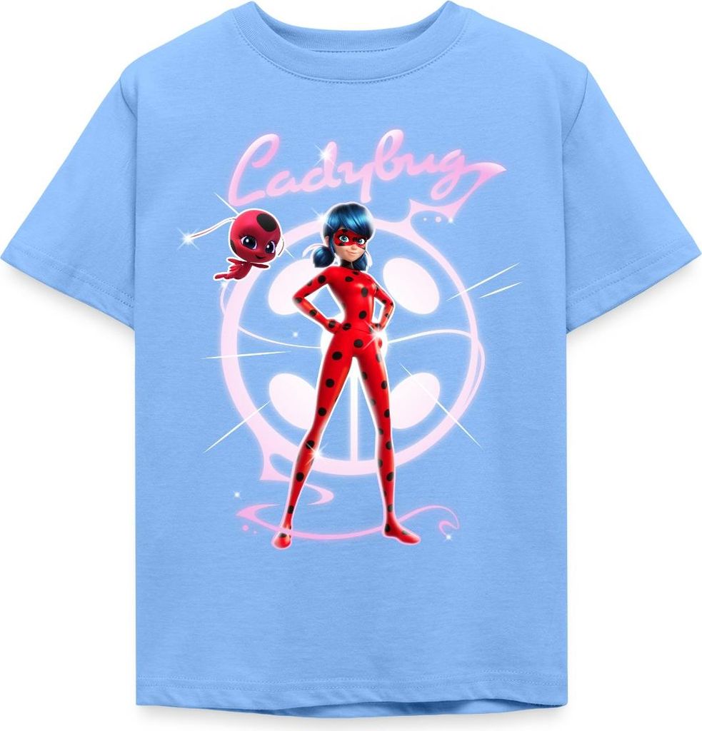 Spreadshirt Miraculous Ladybug Mit Tikki Kinder T-Shirt, 122/128 (7-8 Jahre), Himmelblau