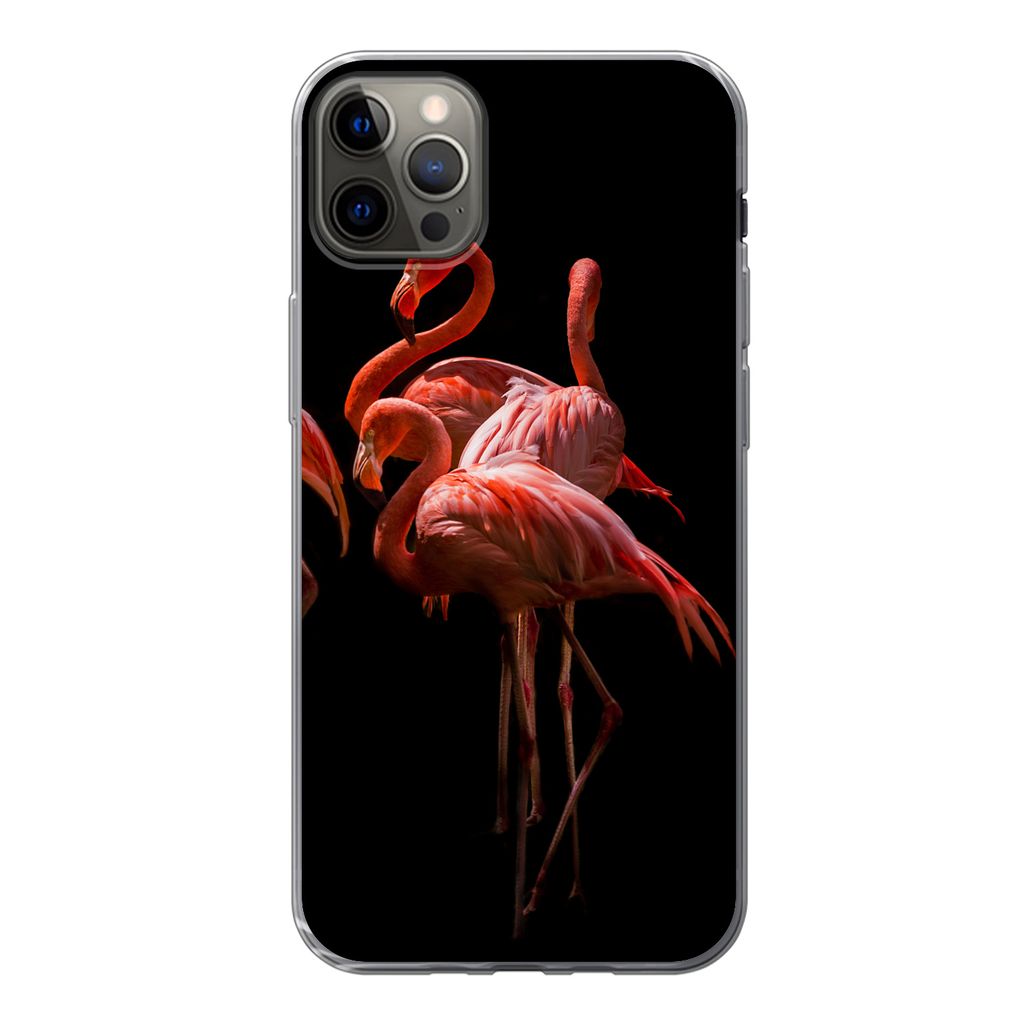 MuchoWow Handyhülle Schutzhülle Hülle für iPhone 13 Pro Max Flamingos - Vögel - Federn - Schwarz Silikon Softcase Handy Hülle - Mobiltelefon