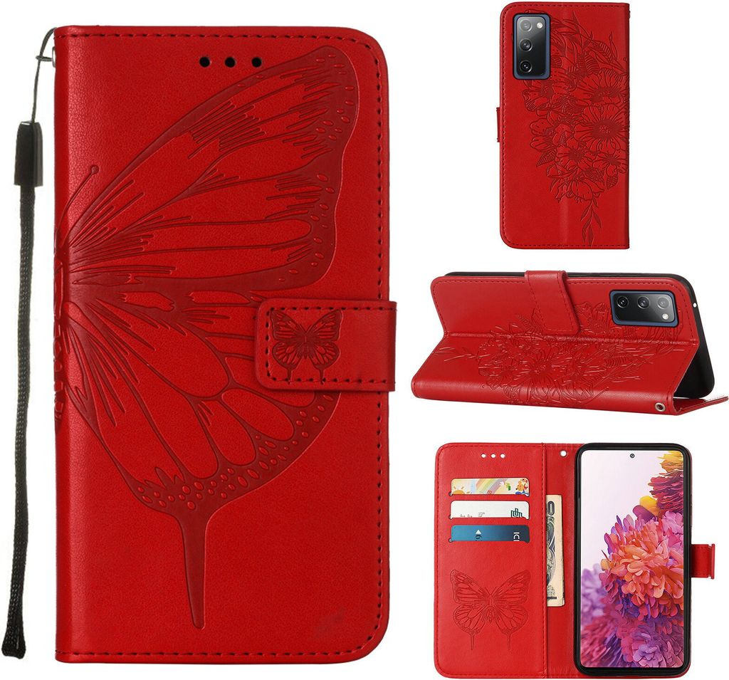 Galaxy S20 FE 4G Hülle, Schmetterling Prägung Flip Leder Kartenfächer Schutzhülle Ledertasche mit Ständer für Samsung Galaxy S20 FE 4G / 5G Rot