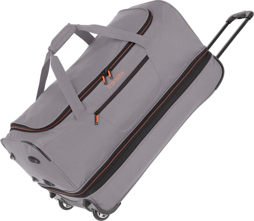 A gray rolling duffel bag is shown at an angle against a white background.