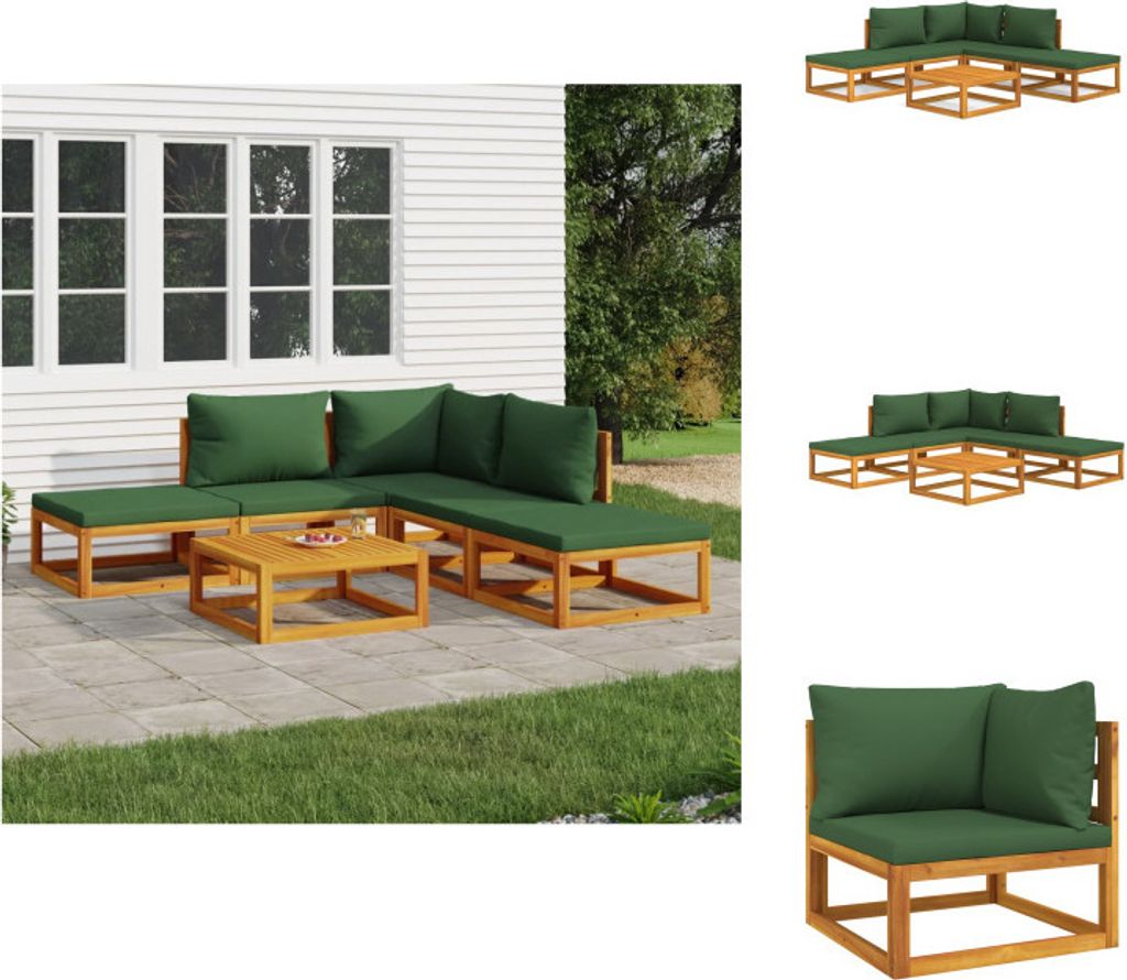 vidaXL 6-tlg. Garten-Lounge-Set mit Grünen Kissen Massivholz - Gartenmöbel-Sets