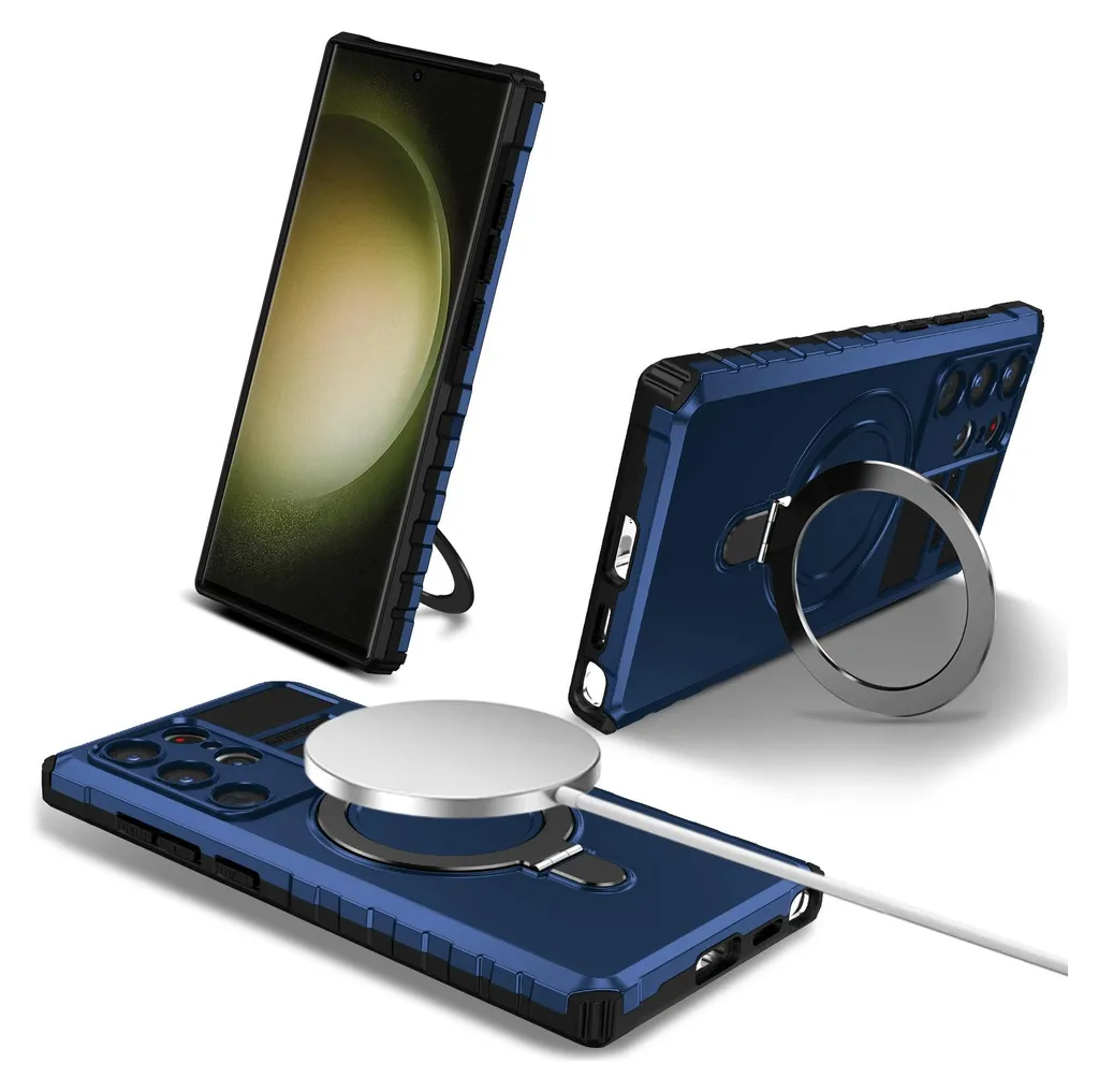 Custodia per Samsung Galaxy S25 Ultra magnetica con MagSafe, supporto per anello, supporto, custodia protettiva a doppio strato blu