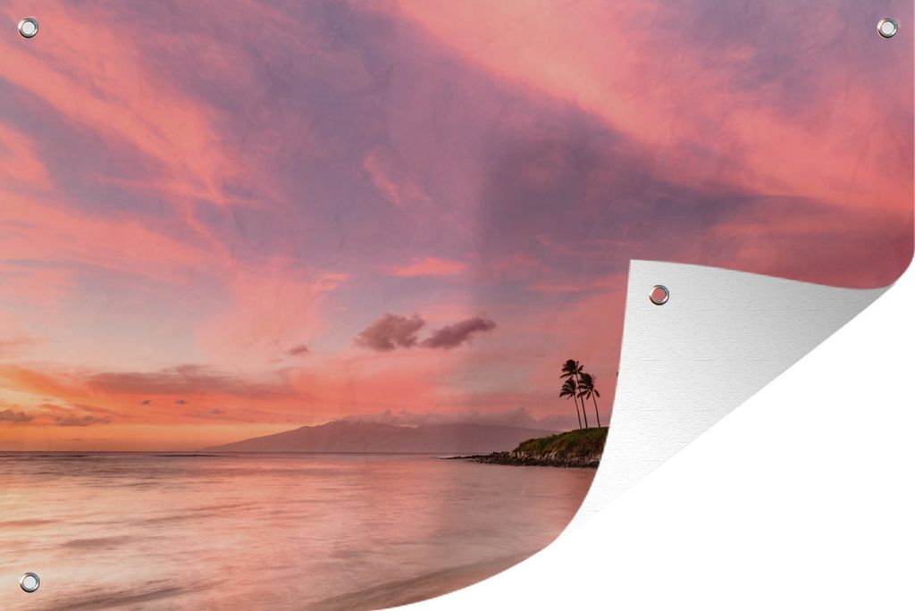 MuchoWow 90x60 cm Outdoor-Poster Gartendeko Sichtschutz Garten Poster für den Garten Himmel - Strand - Rosa