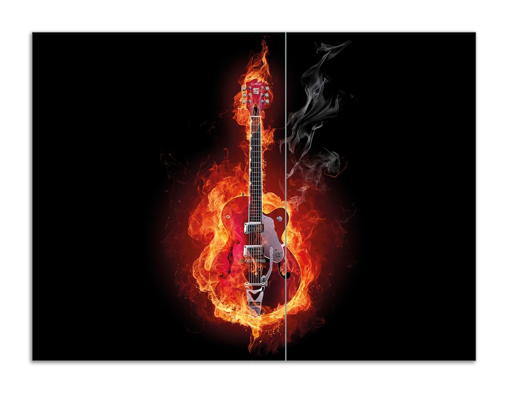 Wallario Herdabdeckplatte aus Glas, Größe 70 x 52 cm 2-teilig, Motiv Brennende Gitarre