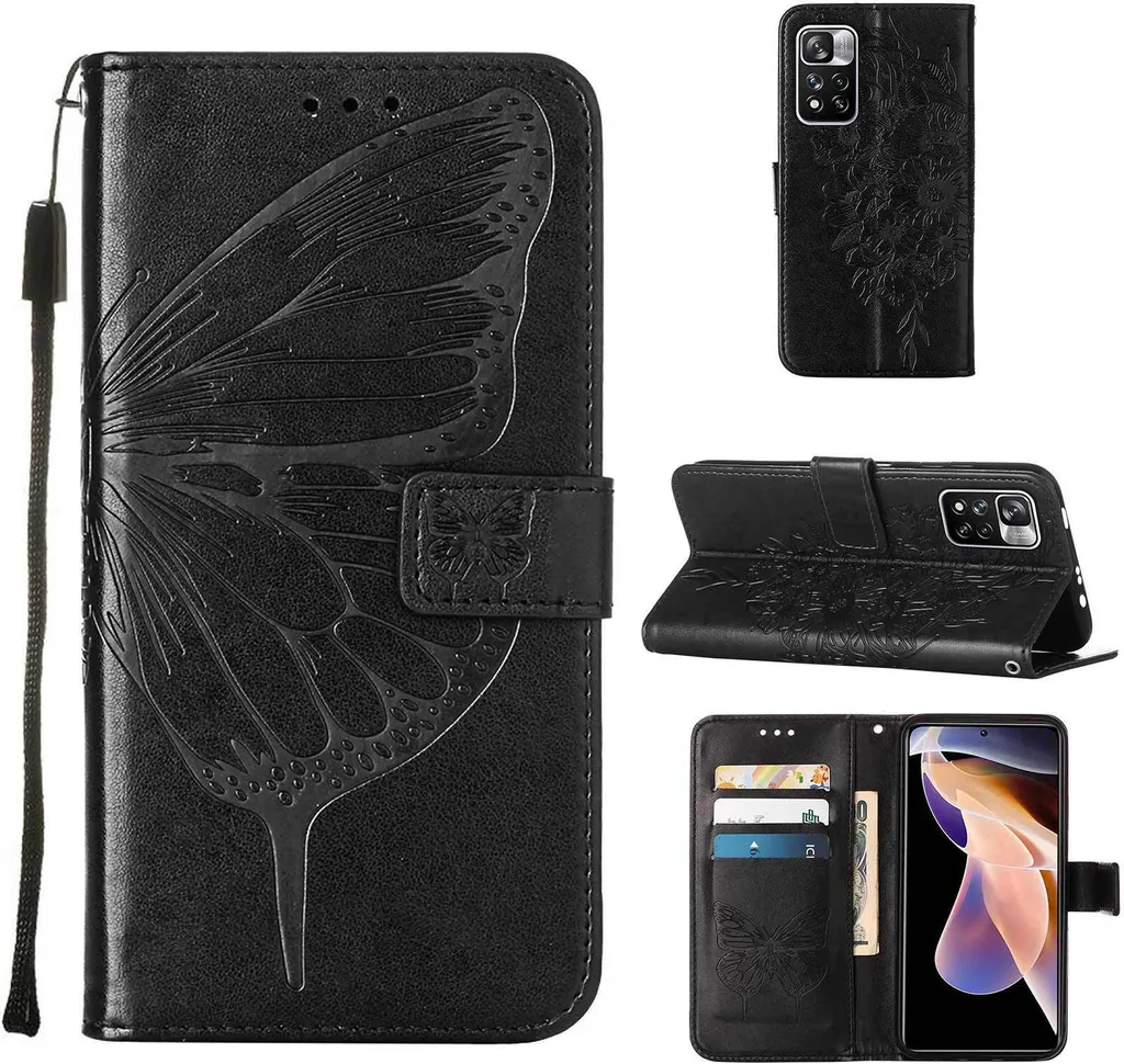 Xiaomi Poco X4 NFC Case, Butterfly Embossing Flip Leather Card Holder Custodia protettiva in pelle con supporto per Xiaomi Poco X4 NFC Black