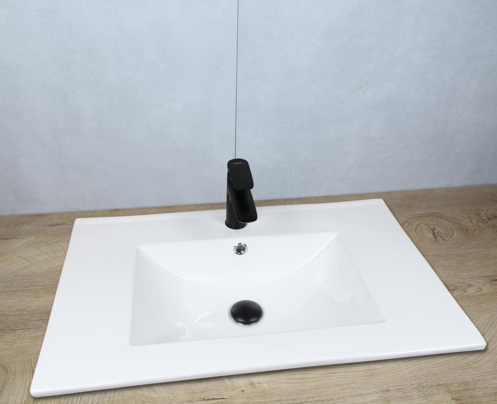 Keramik Waschbecken eckig 710x465x175 weiß mit Überlauf Einbauwaschbecken mit Pop-Up Ablauf schwarz-matt