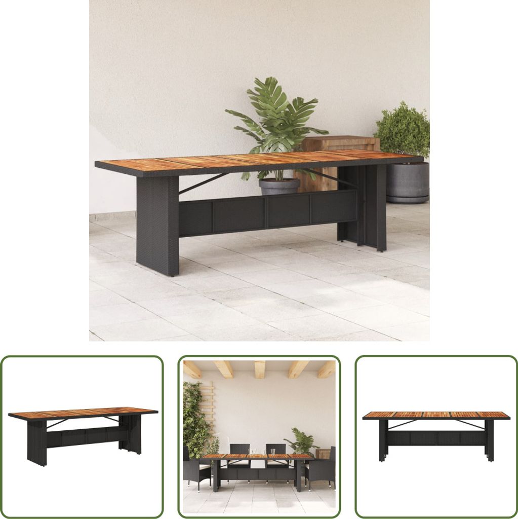 The Living Store Gartentisch mit Holzplatte Schwarz 240x90x75 cm Poly Rattan