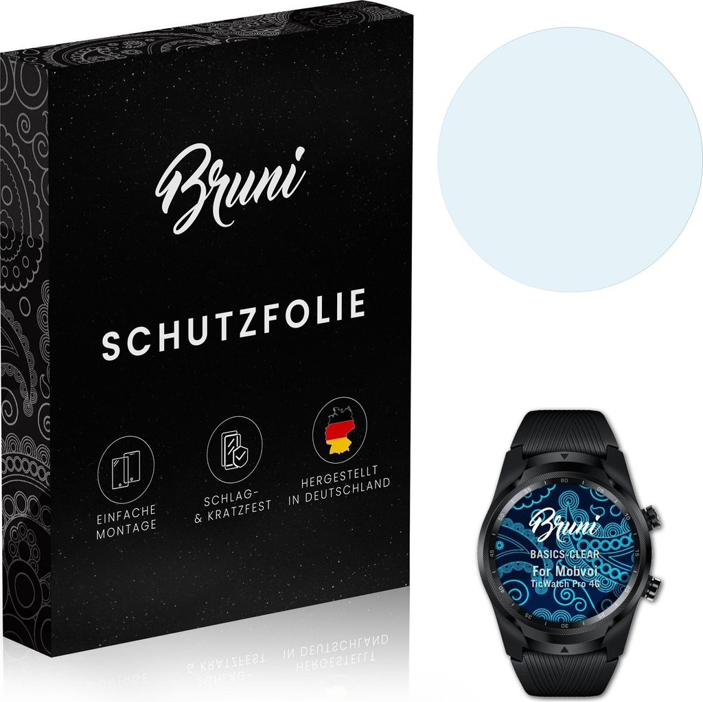 Bruni Basics-Clear 2x Schutzfolie kompatibel mit Mobvoi TicWatch Pro 4G Folie