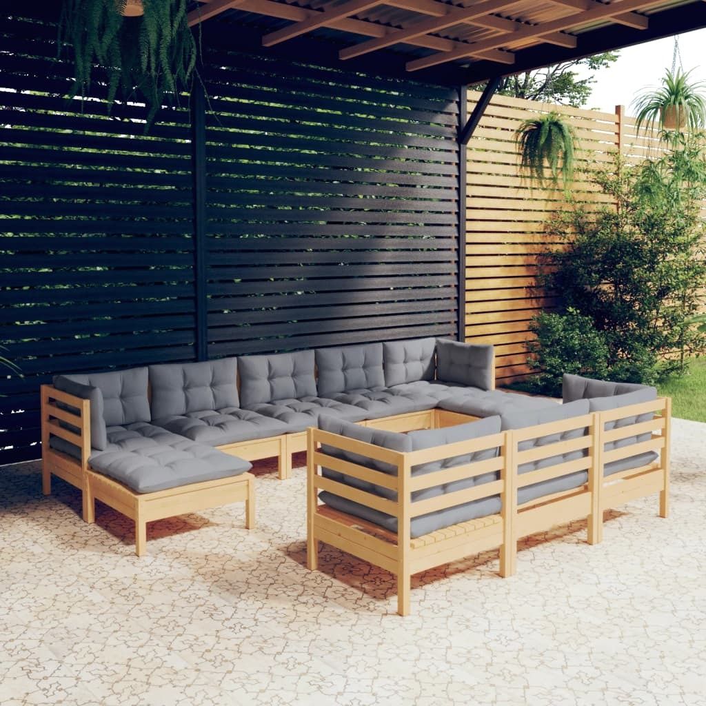 The Living Store 10-tlg. Garten-Lounge-Set mit Grauen Kissen Kiefer Massivholz