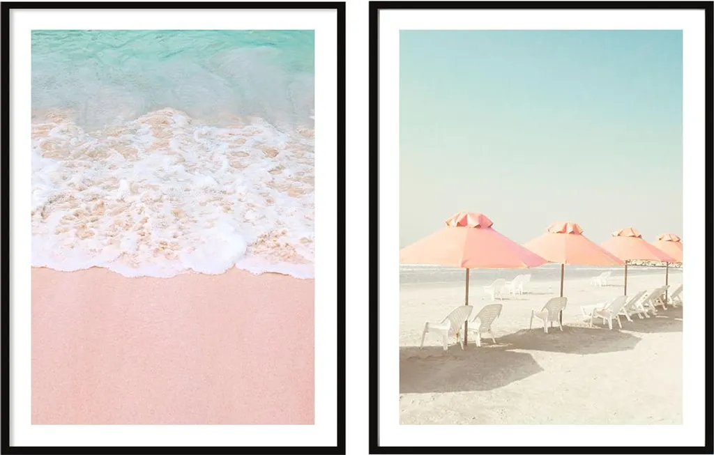 Lot de 2 tableaux plage rose et mer 53x73cm encadrés Bildposter P2085