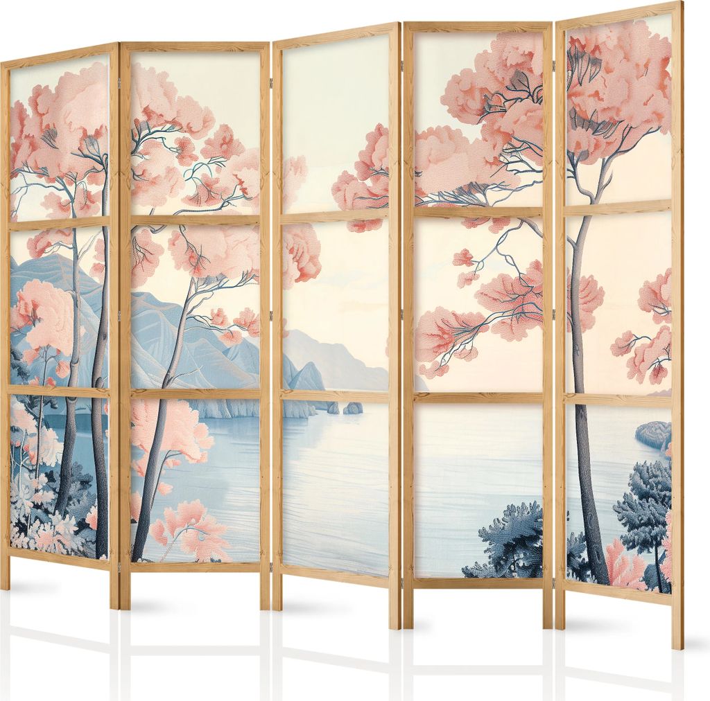 A five-panel room divider with a landscape painting of trees and water.