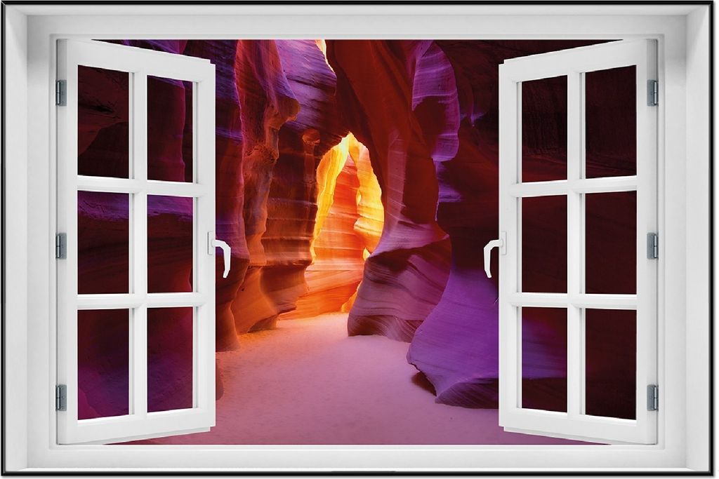 Wallario Wandbild mit Fenster-Illusion: Felsschlucht in Arizona USA - orange und violett, Größe: 61 x 91,5 cm, Poster mit schwarzem Aluminiumrahmen