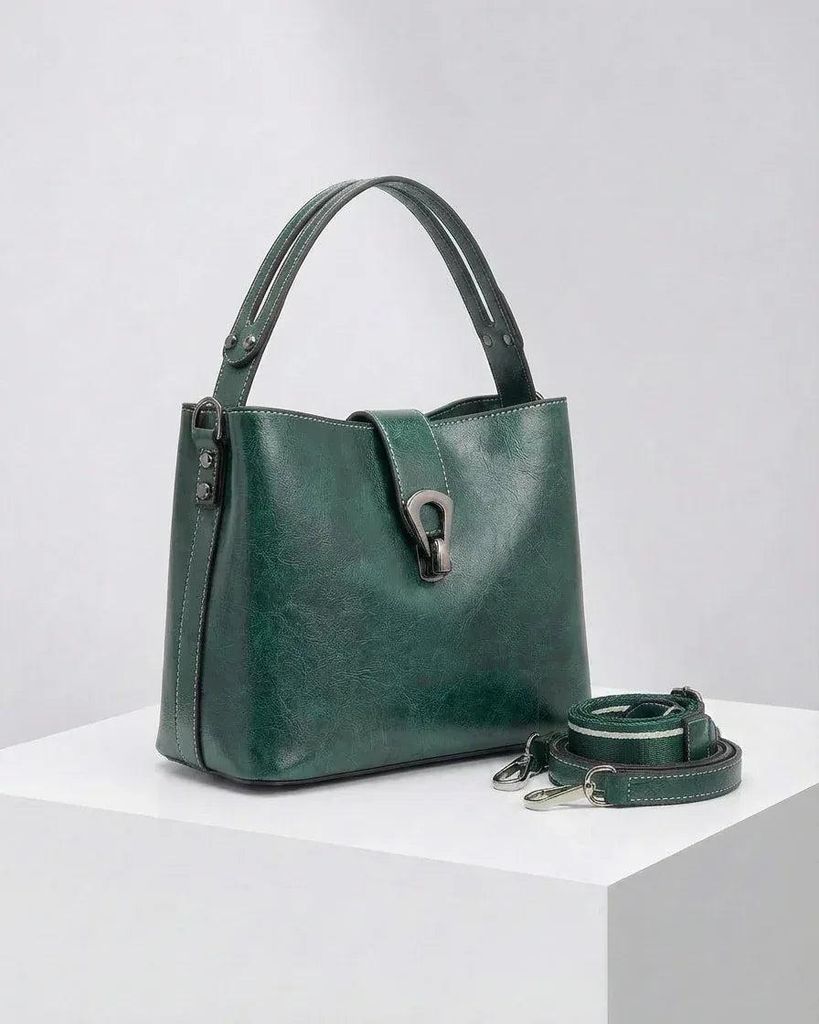 Damen Leder Handtasche "Flora" Vintage Grün, echtes Rindsleder, verstellbarer Schulterriemen
