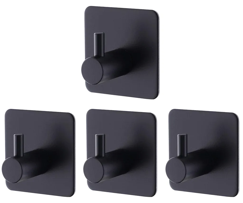 4 Crochets Adhésifs en Acier Inox Noir Mat pour Serviettes de Bain