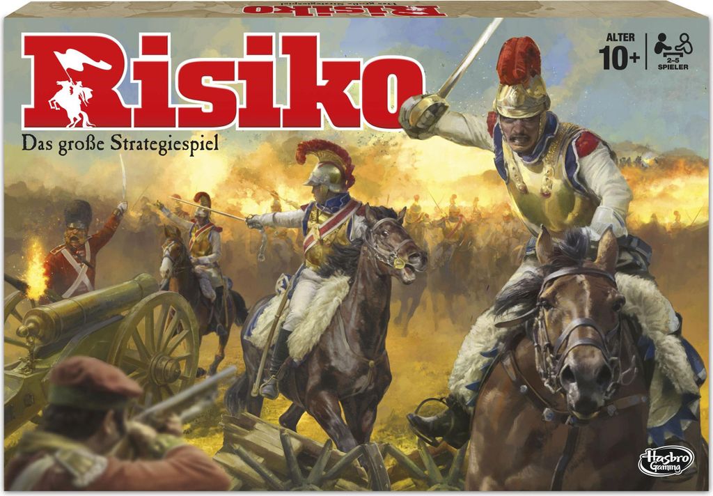 The image shows the front of a board game box depicting a historical battle scene with soldiers on horseback and cannons.