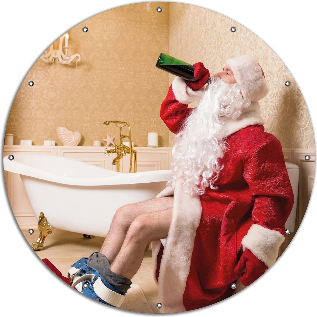 Wallario rundes Outdoor-Poster für Garten oder Balkon, Motiv Betrunkener Weihnachtsmann mit Weinflasche auf dem Klo, 120 cm Durchmesser