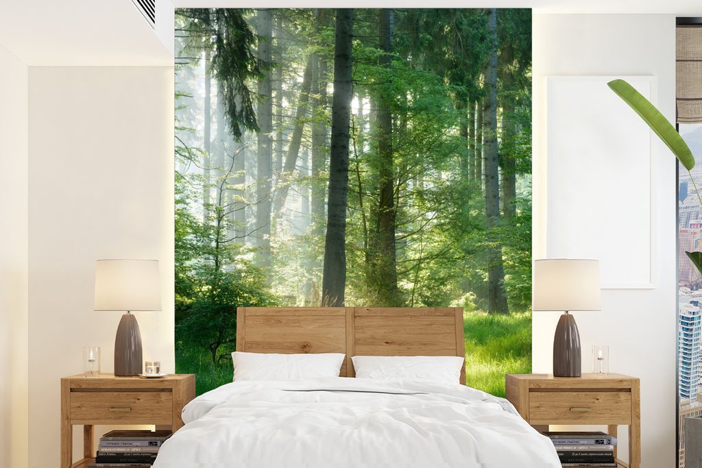 MuchoWow Fototapete für Wohnzimmer oder Schlafzimmer Wandtapete Vinyl Motivtapete Natur - Bäume - Wald - Grün - Sonne - Gras - Pflanzen - 190x...