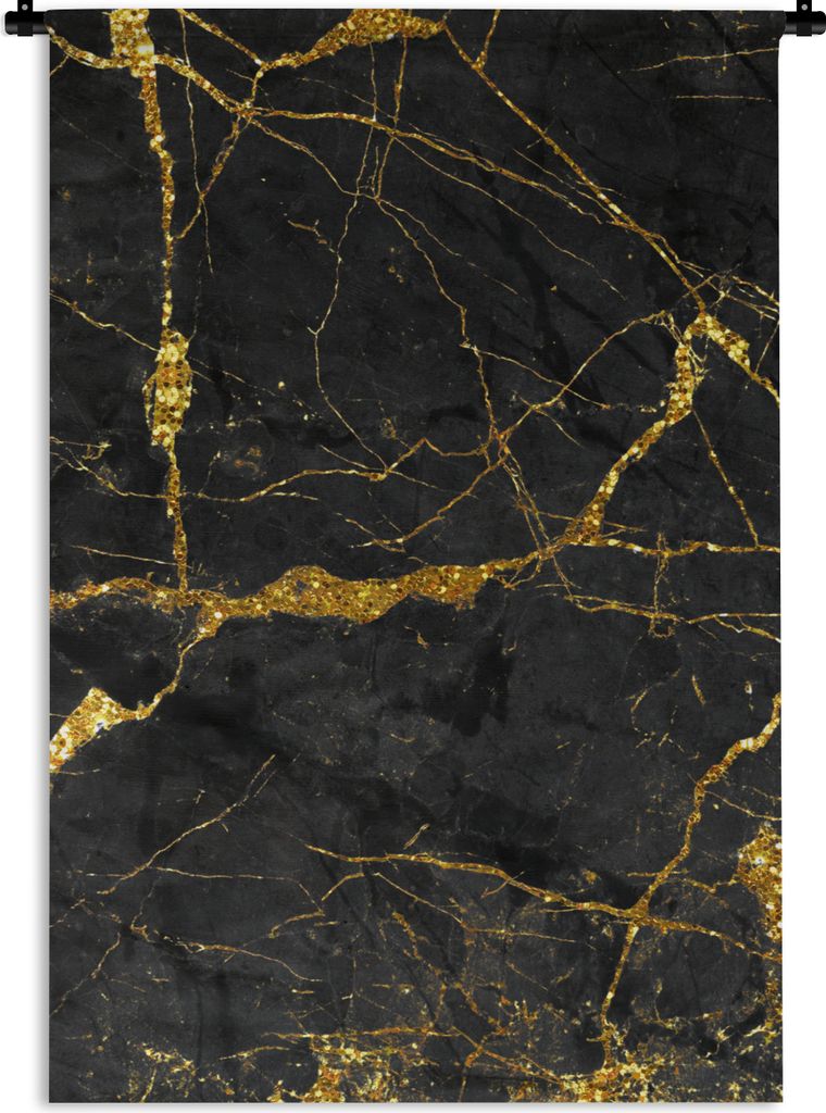 MuchoWow Wandteppich Wandbehang Marmor - Schwarz - Gold - Glitter 60x90 cm Tapisserie Dekoration Wandtuch - Foto-Teppich - Abwaschbar