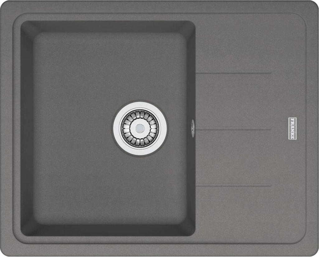 A top-down view of a gray kitchen sink with a drain.
