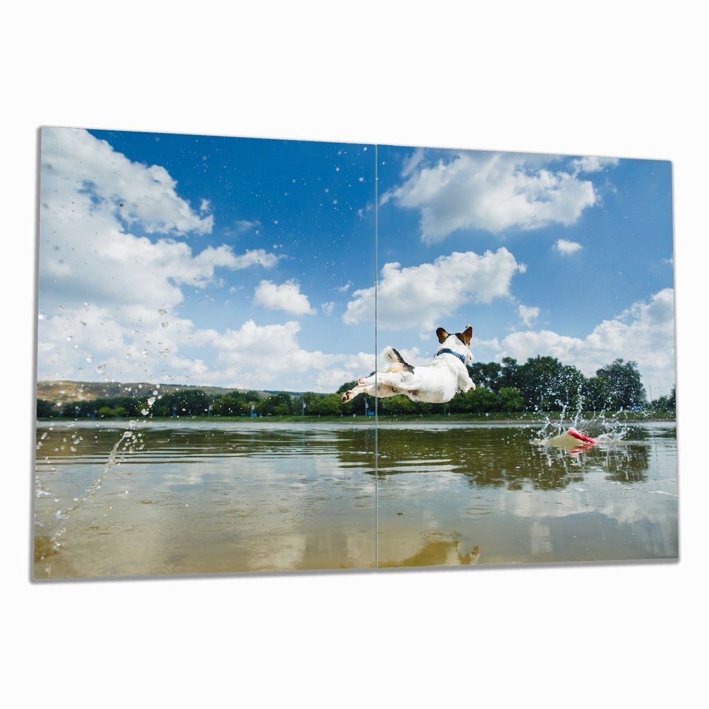 Wallario Herdabdeckplatte aus Glas, Größe 80 x 52 cm 2-teilig, Motiv Jack Russel Terrier im Wasser