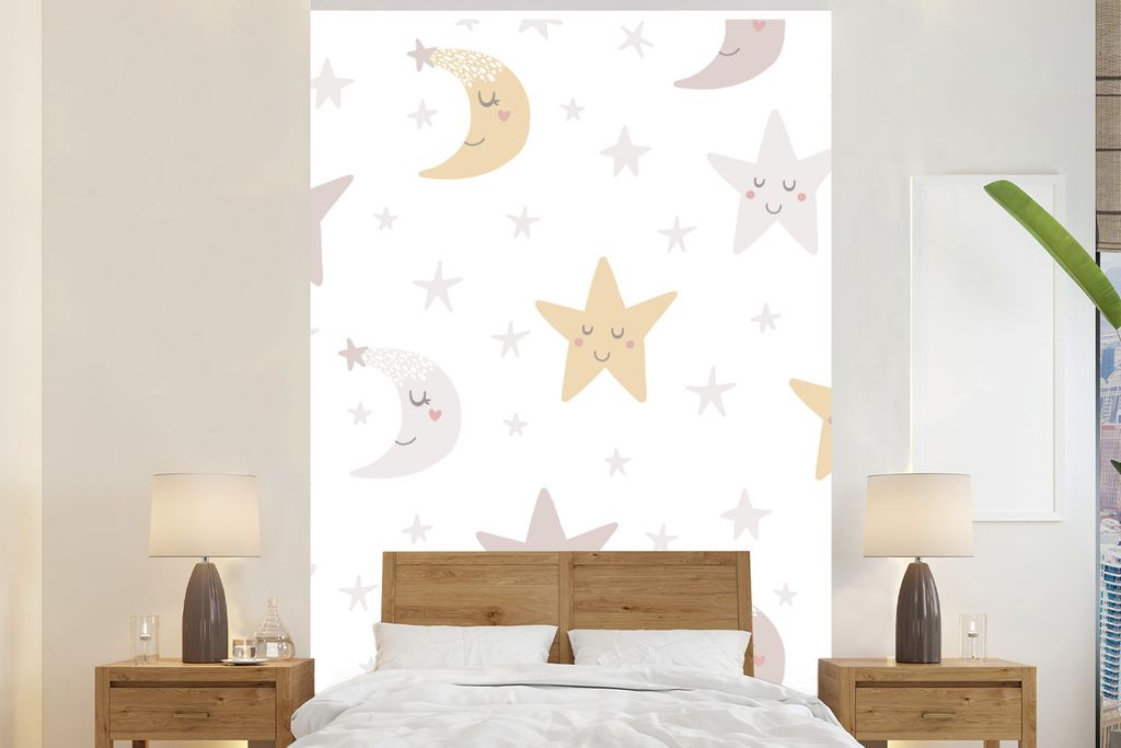 MuchoWow Fototapete für Wohnzimmer oder Schlafzimmer Wandtapete Vinyl Motivtapete Mond - Sterne - Design - Jungen - Mädchen - Baby - 170x260 cm...