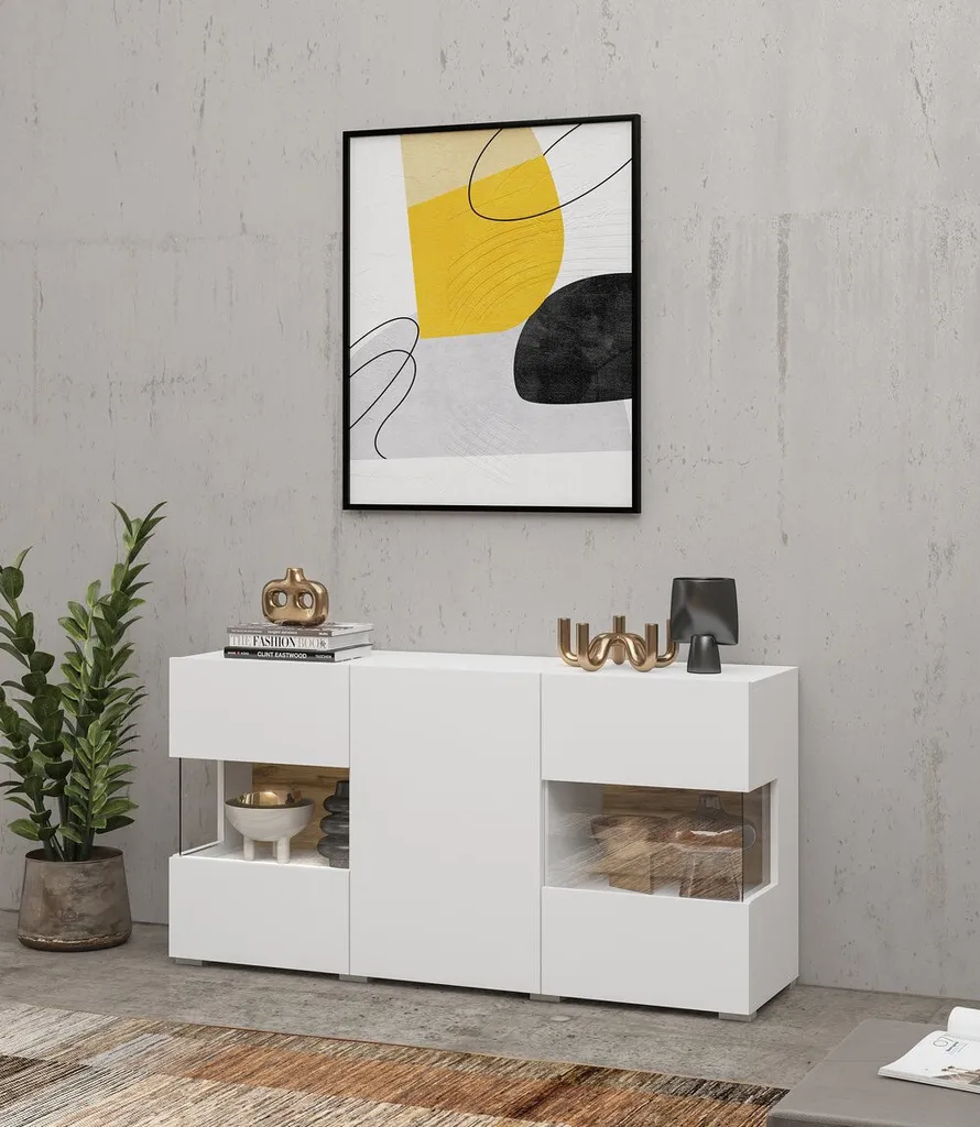 Commode vitrée de salon BONA - Rangement 3 portes blanc et bois wotan