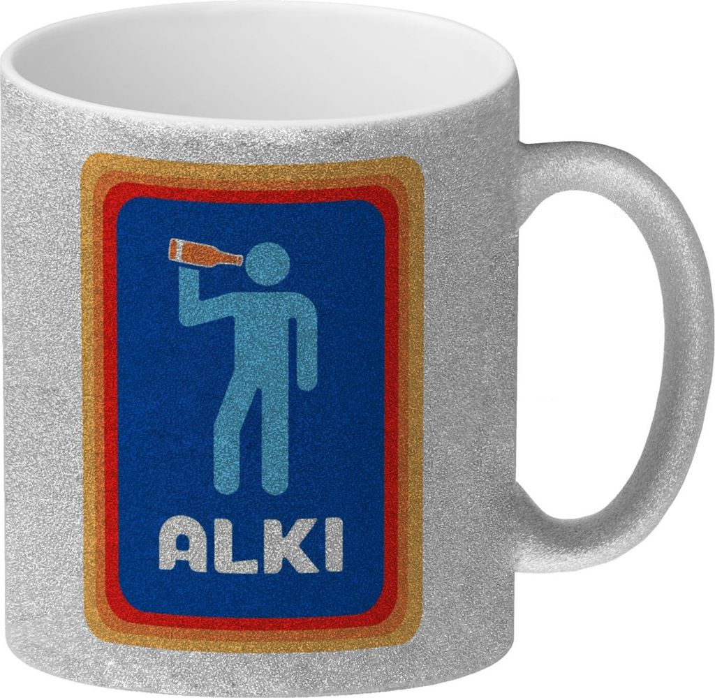 ALKI Discounter Glitzer-Kaffeebecher Biertrinkende Strichfigur