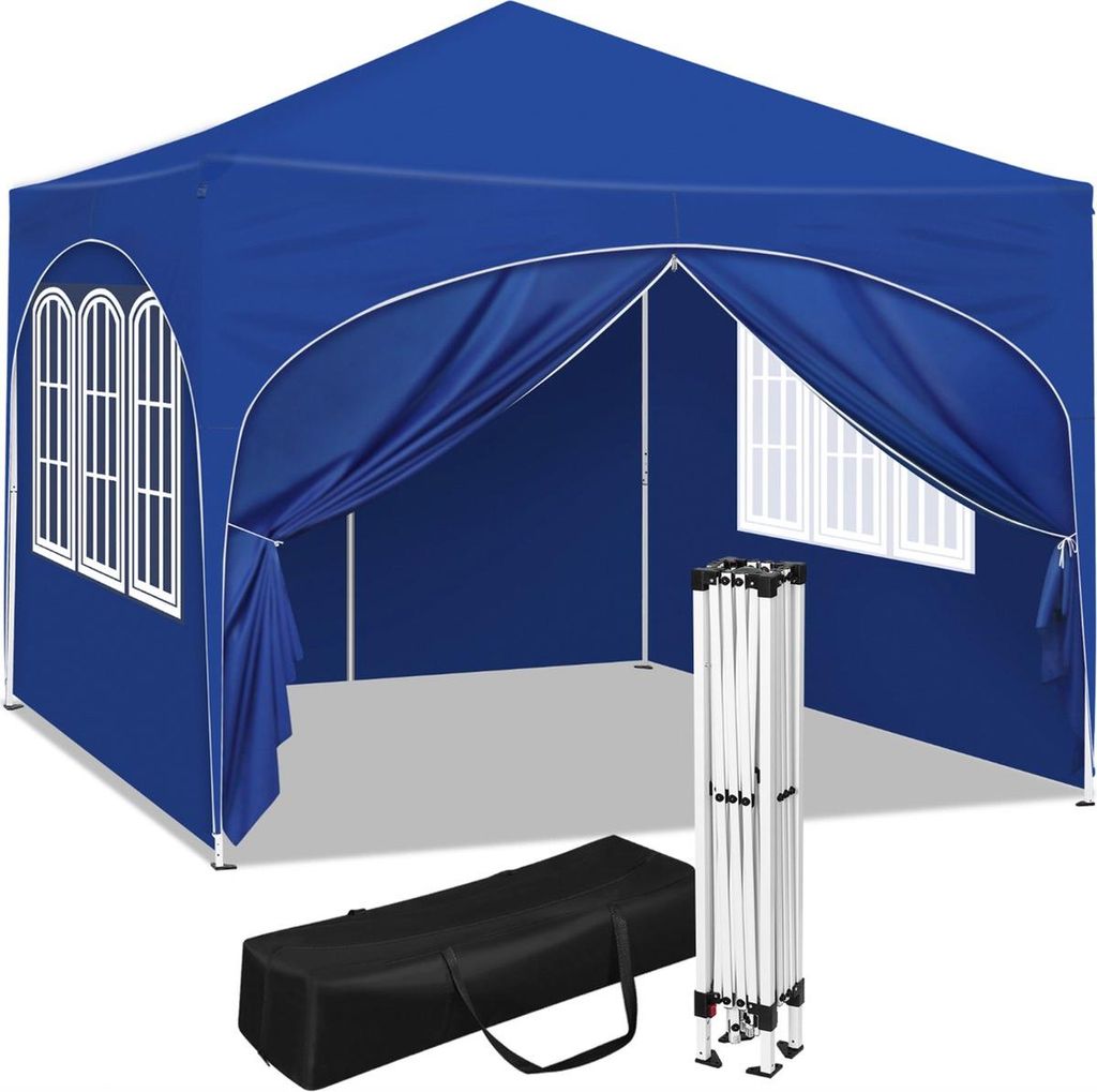 Happyment Luxus-Partyzelt mit Seitenteilen – Blau – 3x3 m – Faltpavillon – Wasser- und UV-beständig – Höhenverstellbar
