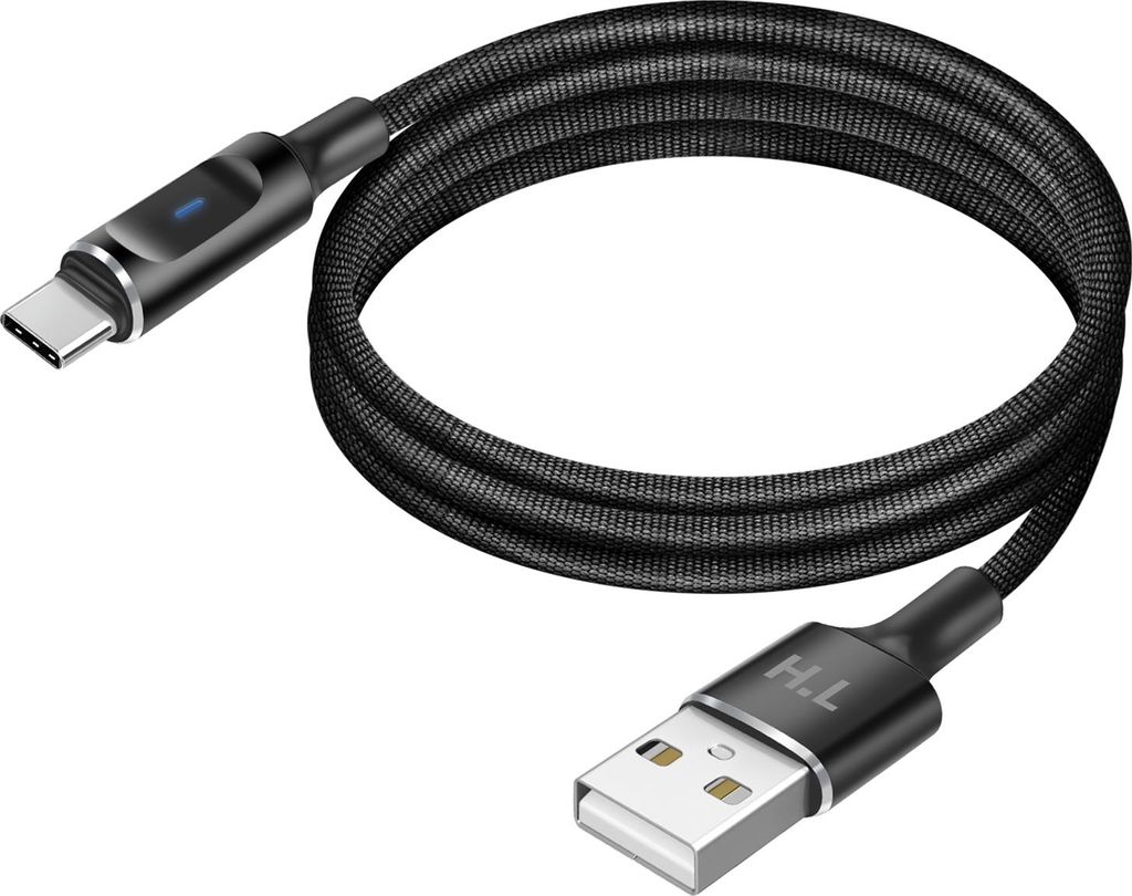 Avizar, USB-A auf USB-C Kabel LED 2,4A Nylon Ladekabel Stabil 1,5m, Schwarz