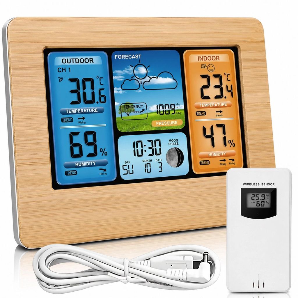 Wetterstation Funkwetterstation LCD Hygrometer Barometer Innen Außenthermometer mit Außensensor Wecker Kalender