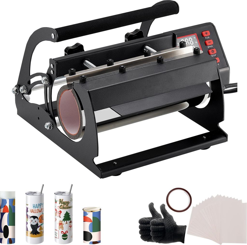 A sublimation mug heat press machine with accessories like mugs, gloves, and paper.