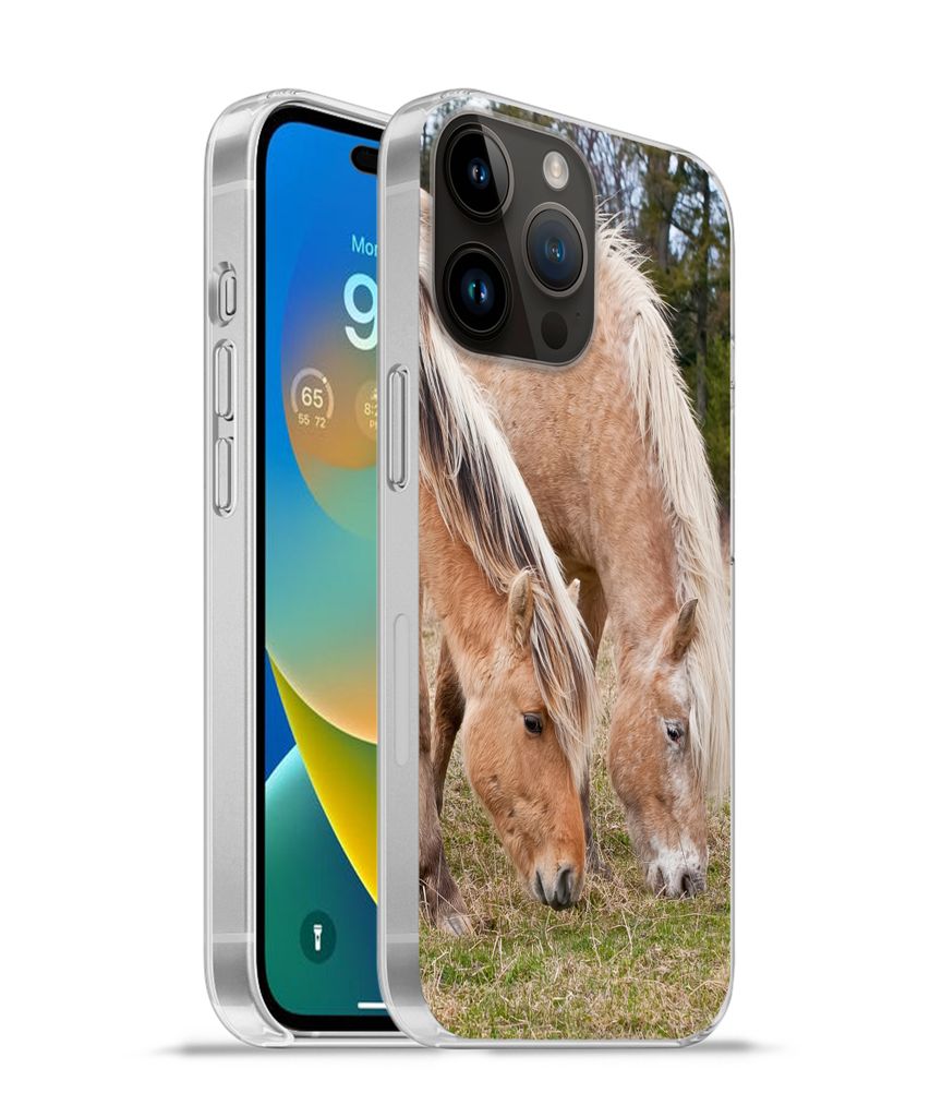 MuchoWow Handyhülle Schutzhülle Hülle für Apple iPhone 14 Pro - Softcase Zwei grasende Fjordpferde auf einer Wiese Silikon Softcase Handy Hü...