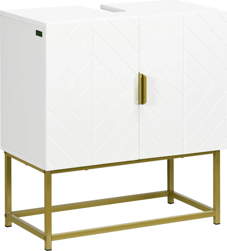 Meuble lavabo gain de place rangement salle de bain 60 cm blanc or