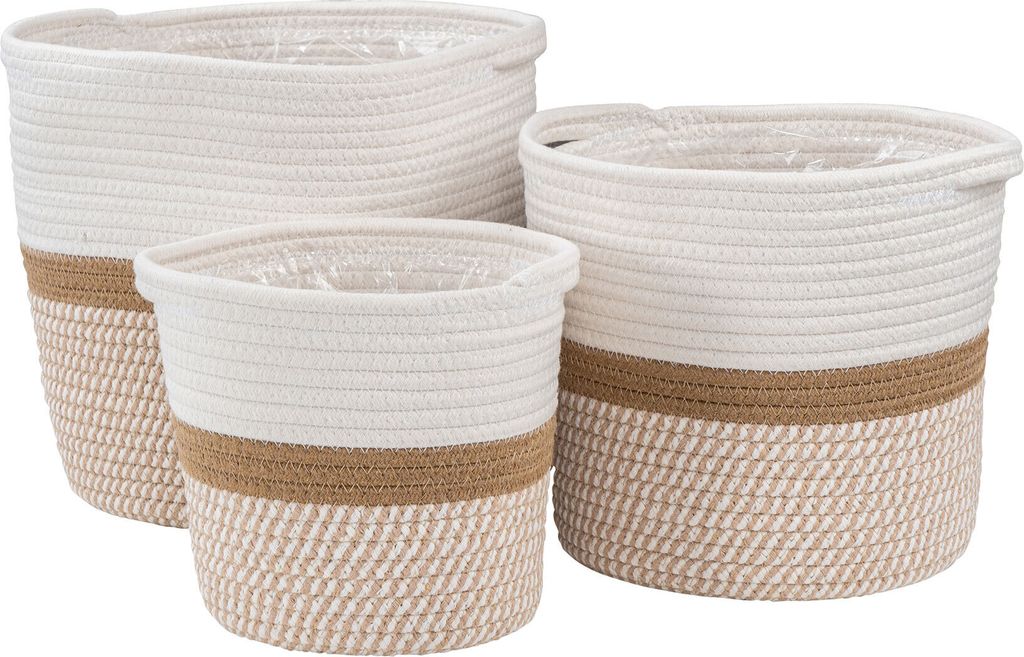 3er Set Aufbewahrungskorb Rund Natur Weiß Übertopf Geflochten Boho Baddeko Deko