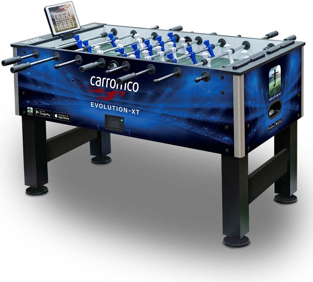 Carromco Kicker Evolution-XT mit App Profi Kicker Tischfussball in blauem Design 2x Kickerbälle Tablet-Halter für fortgeschrittene Spieler