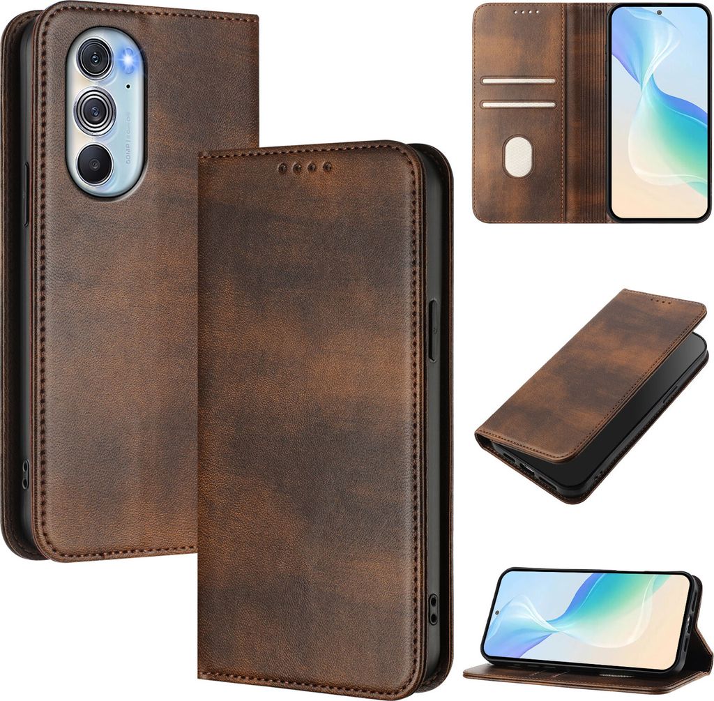 Handyhülle für Motorola Edge 30 Pro, Vintage Leder RFID Schutz Kartenfach Standfunktion Magnetische Klapphülle Braun