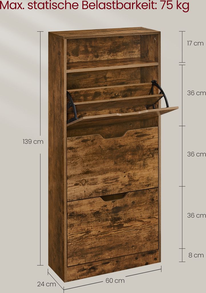 A diagram of a shoe cabinet with dimensions and weight capacity.
