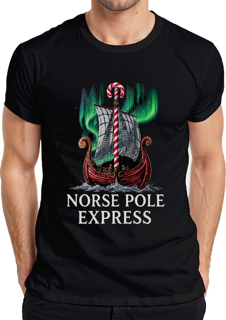 Norse Pole Express Weihnachtsgeschenk Wikinger Nordlicht lustig Herren T-Shirt, Schwarz, L