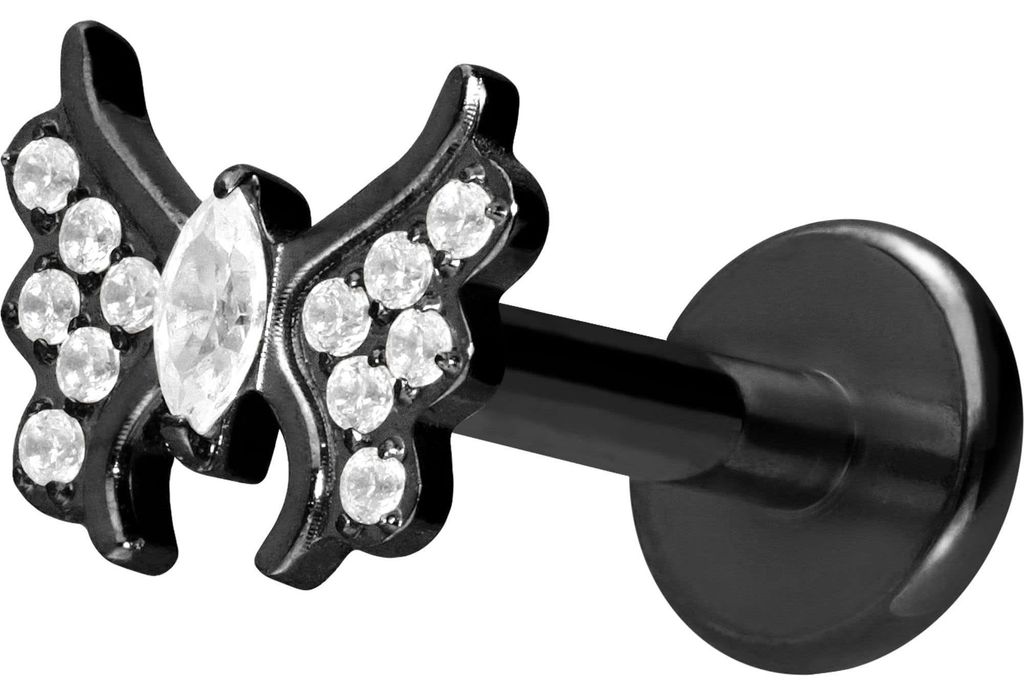 Ohrpiercing, Nasenpiercing Titan Labret mit Innengewinde KRISTALLSCHMETTERLING Schwarz Stablänge: 10mm | Stabstärke: 1,6mm