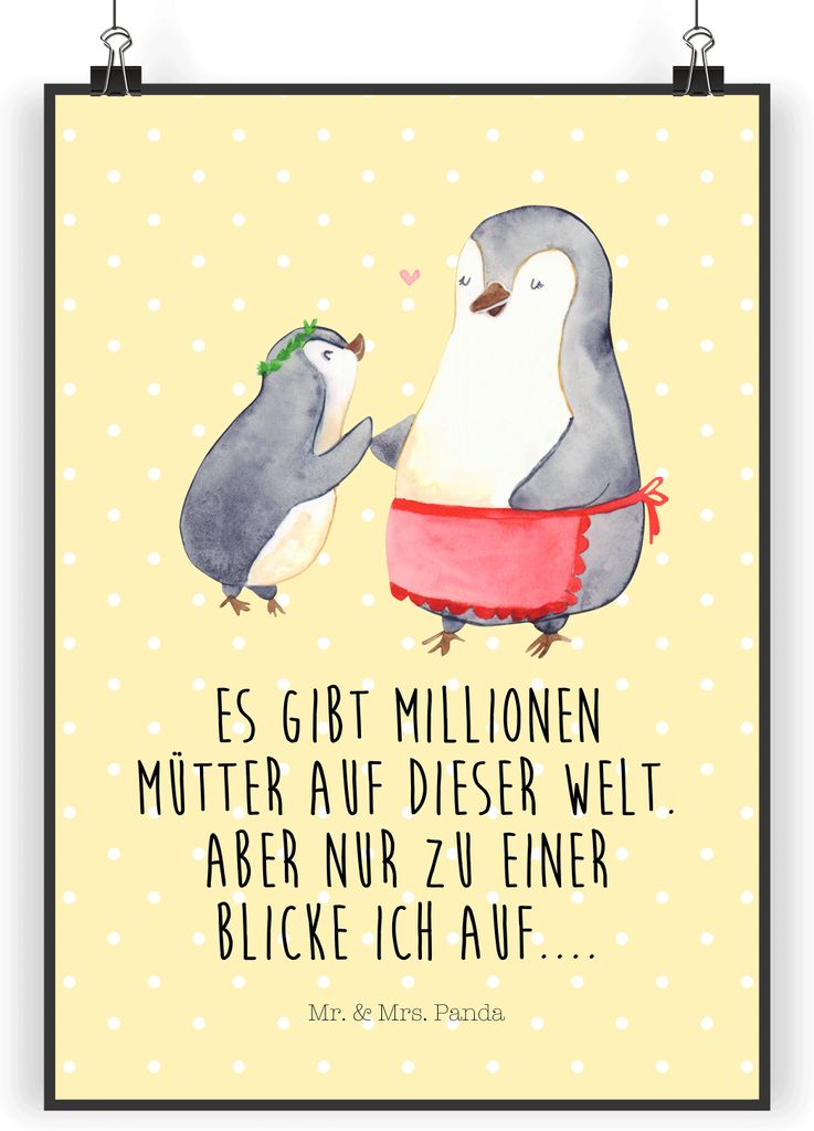 Mr. & Mrs. Panda Bild Pinguin mit Kind DIN A3 - Gelb Pastell - Geschenk, Plakat, Mutter, Muttertag, Pinguine, Posterdruck, drucke, wanddeko, Mutti,...