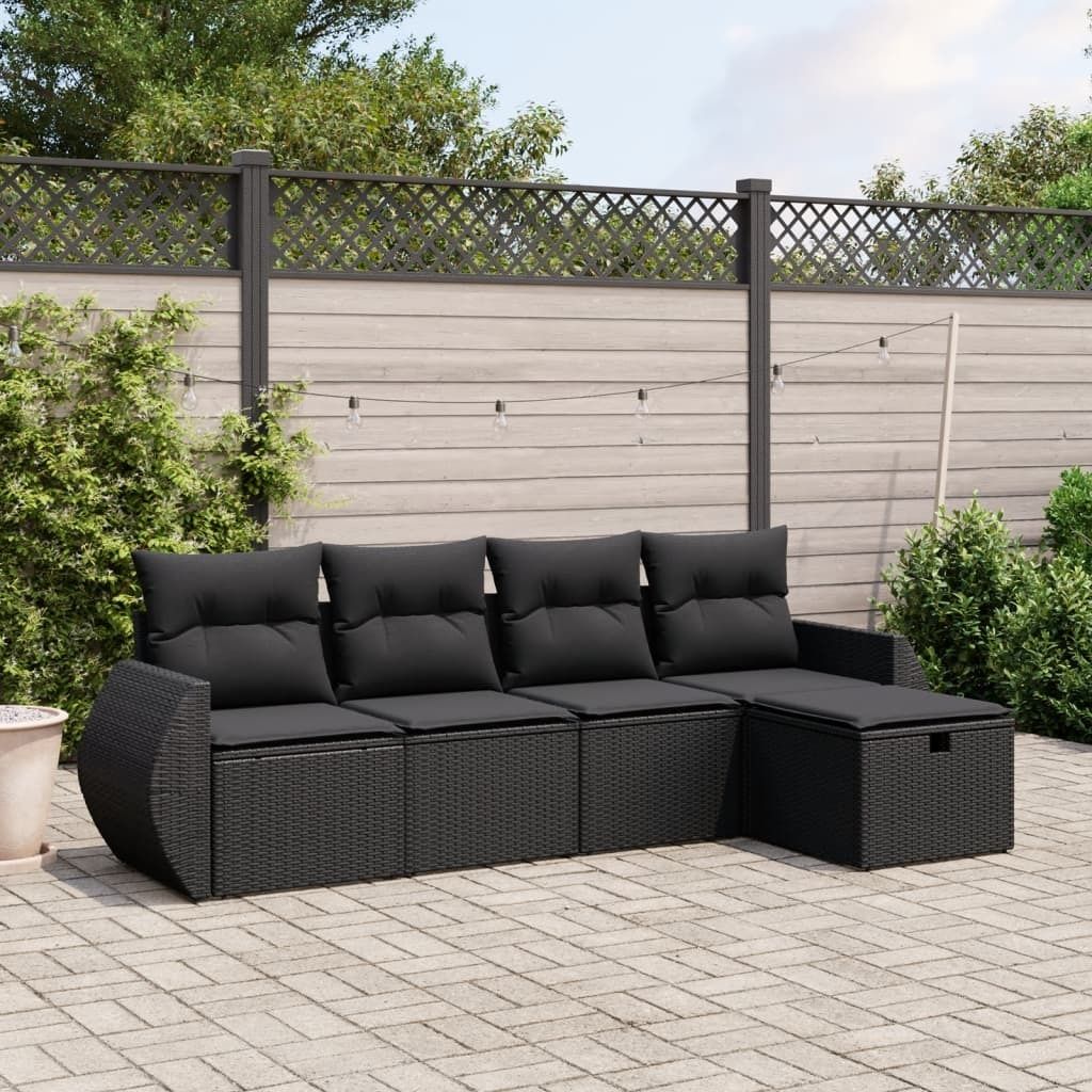 Möbel 5-tlg. Garten-Sofagarnitur mit Kissen Schwarz Poly Rattan - Gartenmöbelgarnituren 3264081