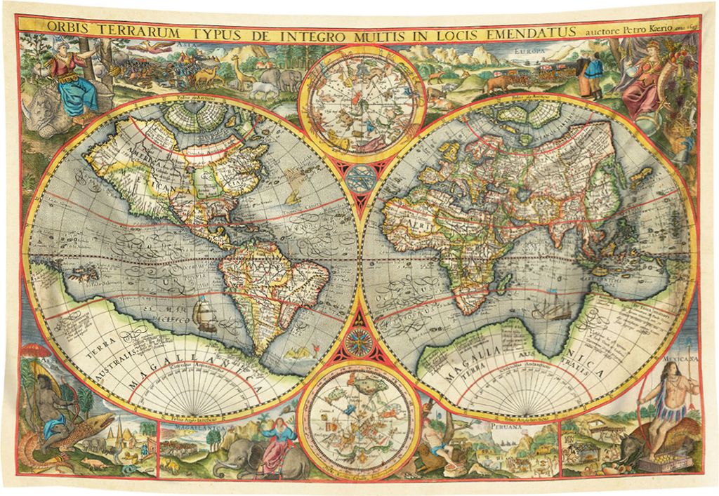 Wandteppich mit alter Weltkarte | Petrus Kaerius doppelte Hemispheren 165x120cm
