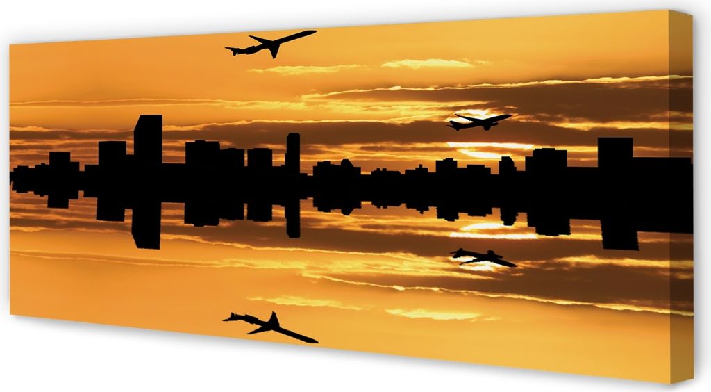 Leinwandbild 125x50 Wandkunst Flugzeug Stadt Sonne