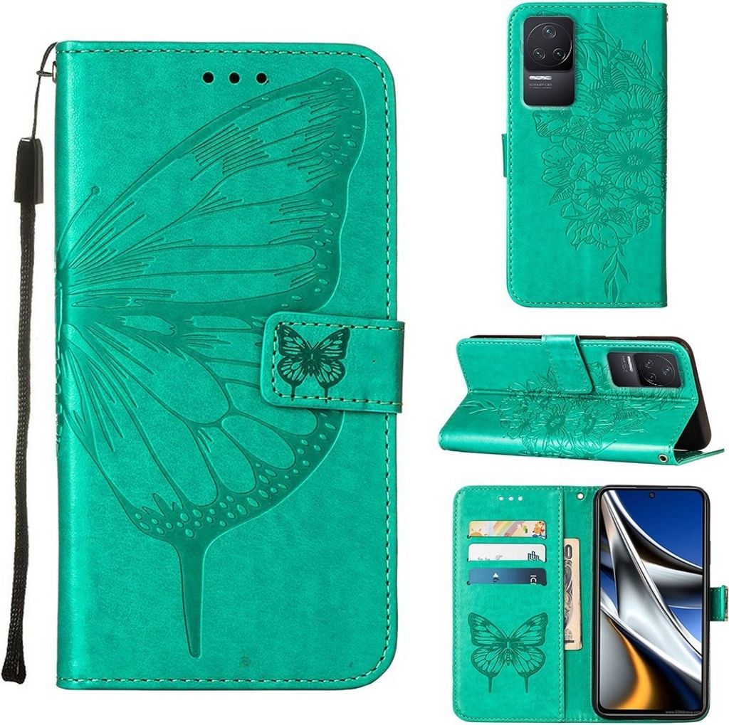 Redmi K50 Hülle, Schmetterling Prägung Flip Leder Kartenfächer Schutzhülle Ledertasche mit Ständer für Xiaomi Redmi K50 / K50 Pro Grün