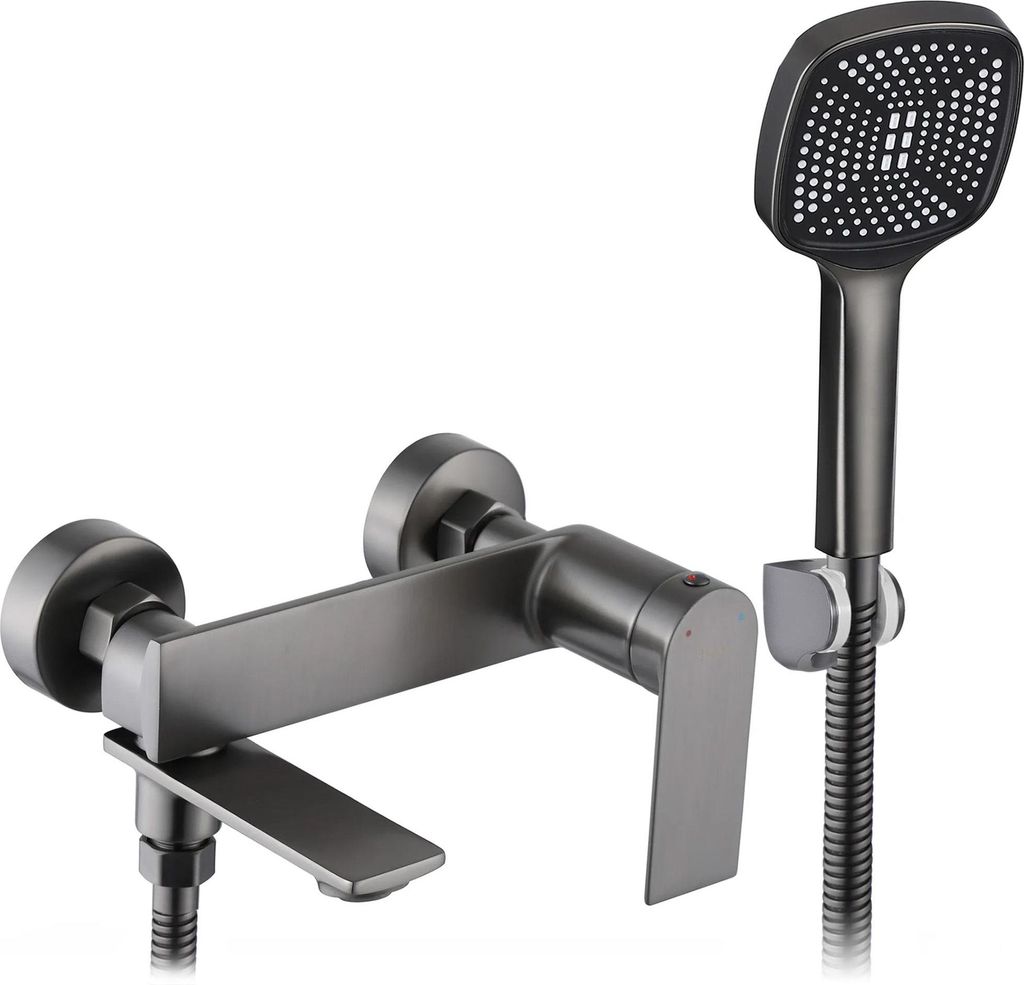 A modern bathroom faucet and shower head set.