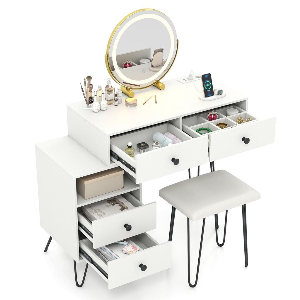 COSTWAY Schminktisch Set mit Hocker, Kosmetiktisch Frisiertisch mit Beleuchtung, Steckdose, drehbarem Spiegel, 4 Schubladen & offenem Fach 98x40x120cm