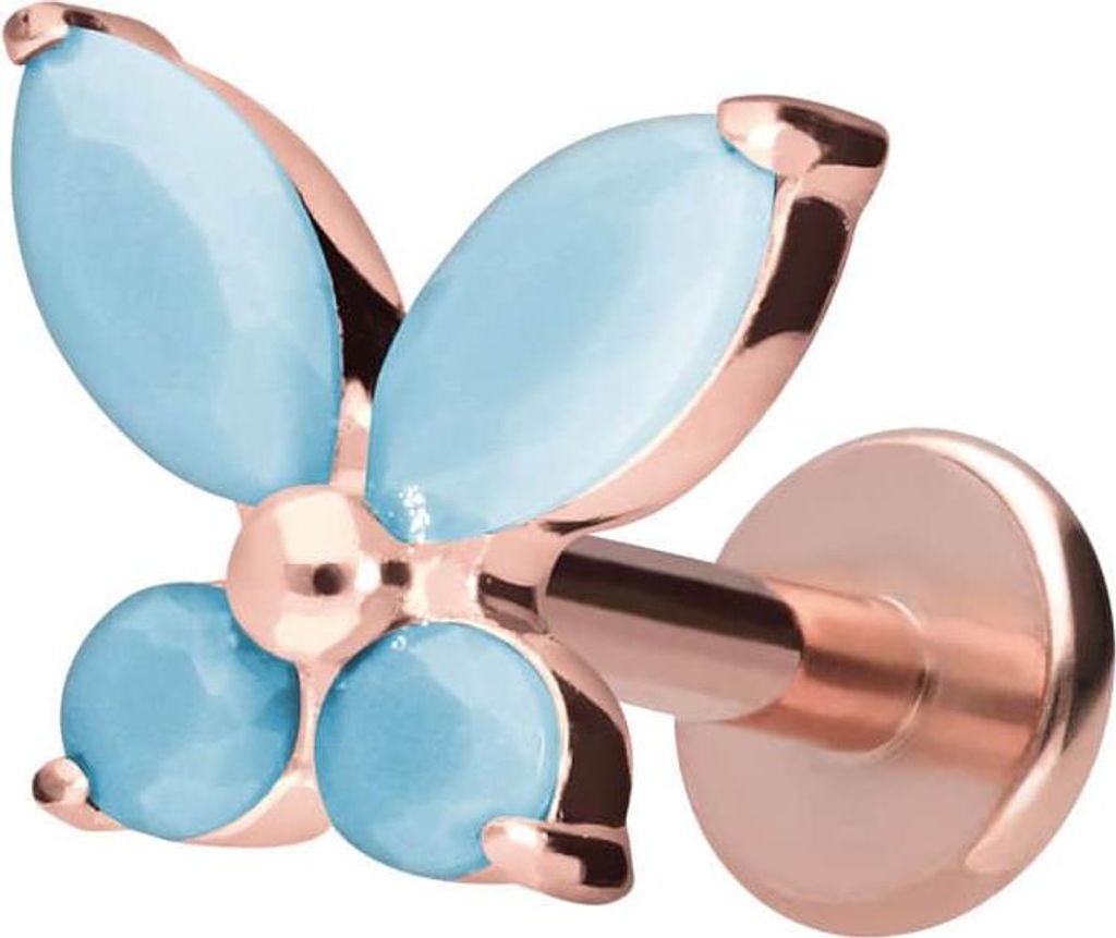 Ohrpiercing, Nasenpiercing Titan Labret mit Innengewinde SCHMETTERLING + SYNTHETISCHE TÜRKISE RoséGold Stablänge: 7mm | Stabstärke: 1,2mm