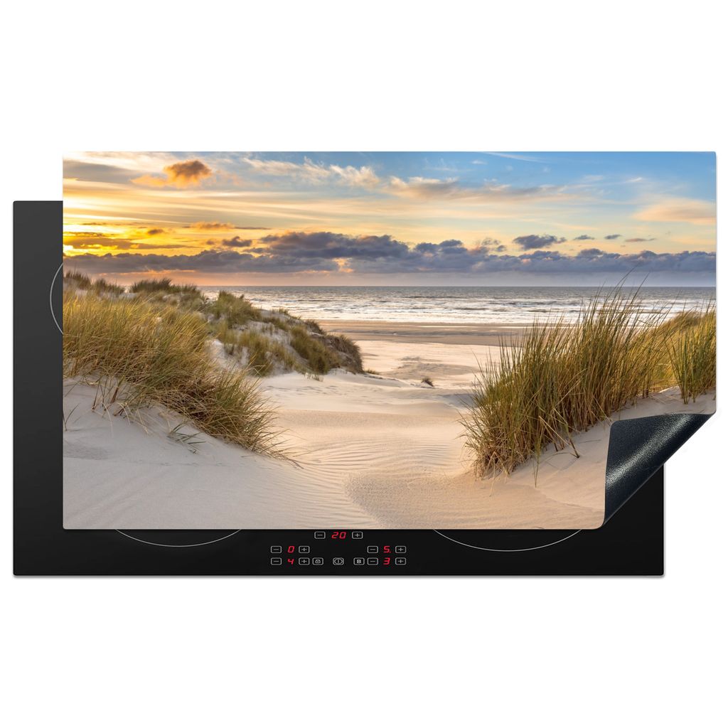 KitchenYeah Herdabdeckplatte Strand - Düne - Gras - Sonnenuntergang - Meer , 90x52cm, Küche Deko, Glaskeramikkochfeld Herdabdeckung, Abdeckplat...