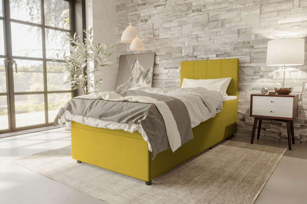 99rooms Kira Mini Boxspringbett Cordstoff POSO Gelb 90x200 cm
