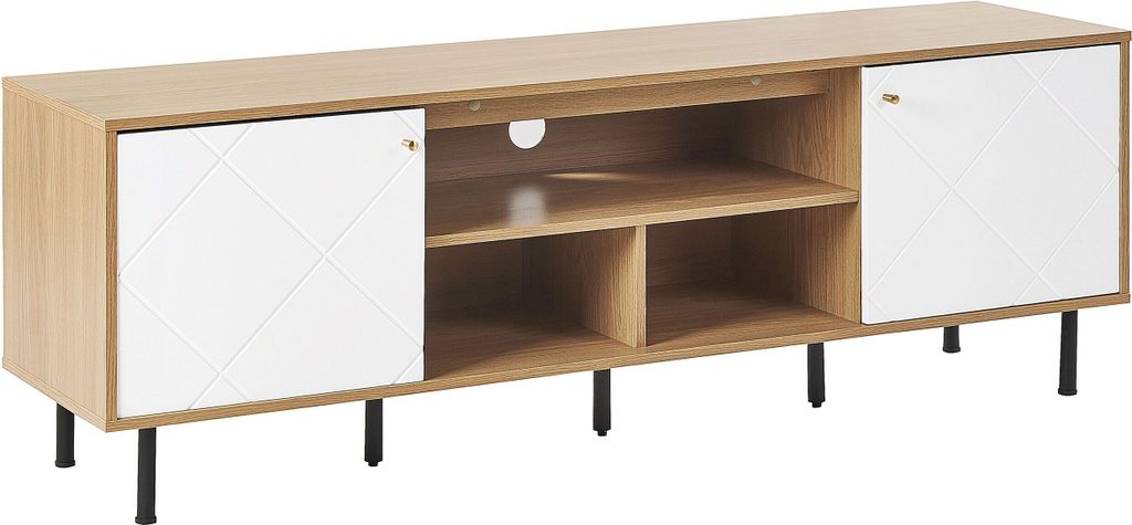 BELIANI TV-Schrank Heller Holzfarbton und Weiß 160 x 56 x 40 cm für Fernseher bis 70ʺ mit Türen Stauraum Skandinavischer Stil für Wohnzimmer
